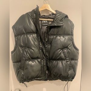 ZARA FAUX LEATHER HOODED PUFFER VEST